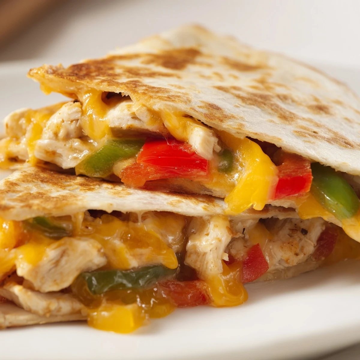 Freshly sliced Chicken Quesadillas with Peppers and Onions on a plate, garnished with cilantro and lime.