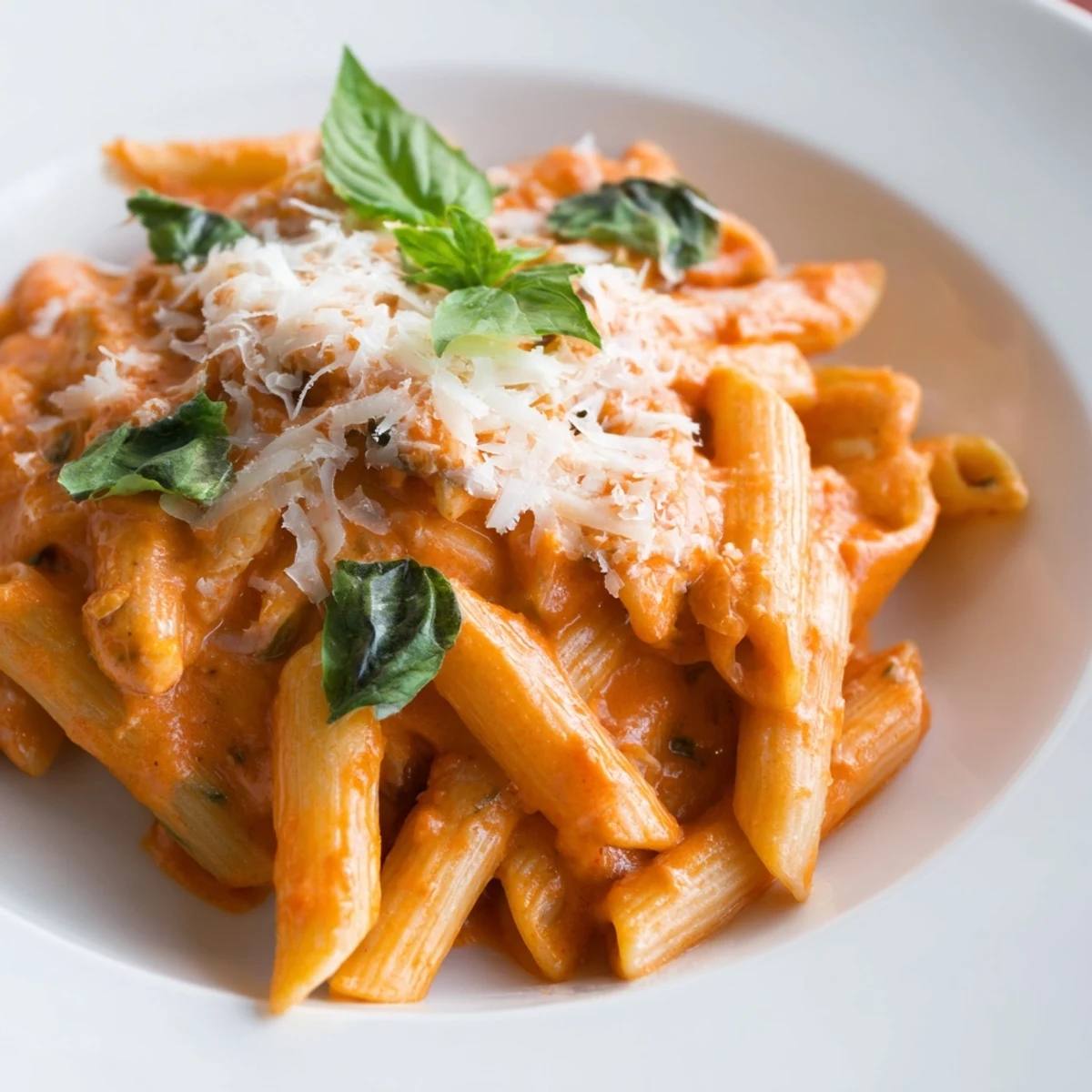 Creamy Tomato Basil Pasta with Parmesan, served hot and garnished with fresh basil and grated cheese.