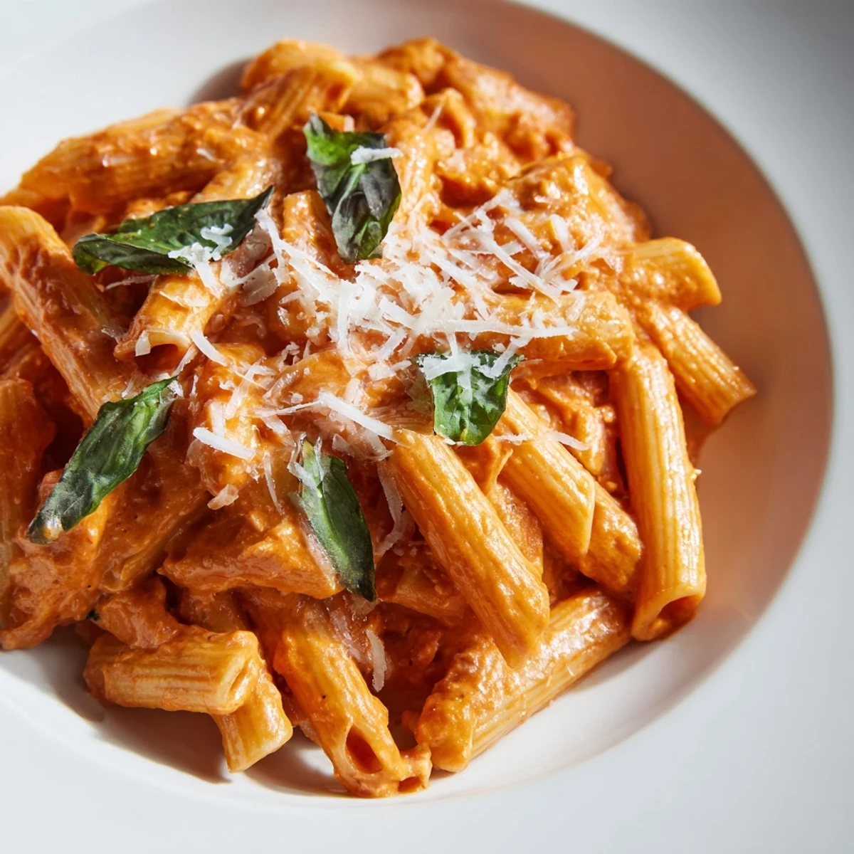 Plate of Creamy Tomato Basil Pasta with Parmesan next to a glass of Pinot Grigio and crusty bread.