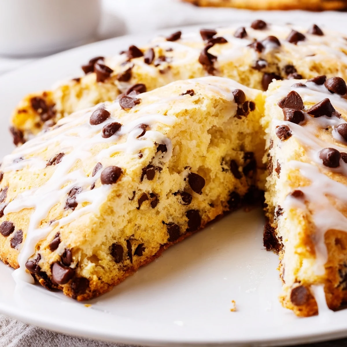 Freshly baked Chocolate Chip Scones with Vanilla Glaze cooling on a wire rack next to a glass of milk.