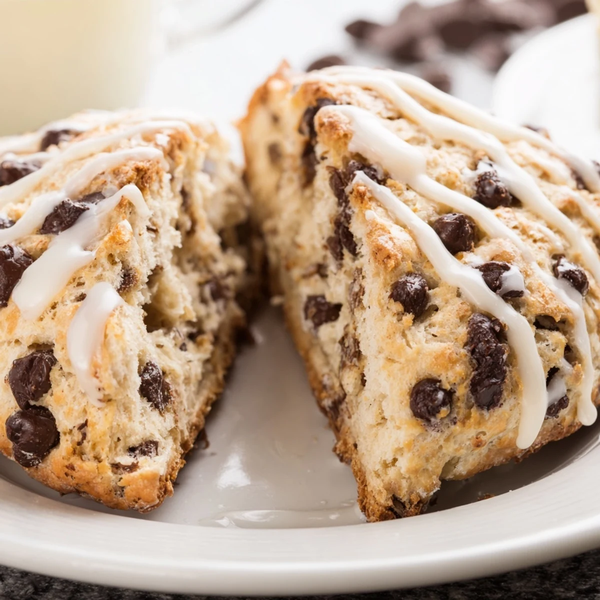Warm Chocolate Chip Scones with Vanilla Glaze drizzled generously over golden brown breakfast pastries on a baking sheet.