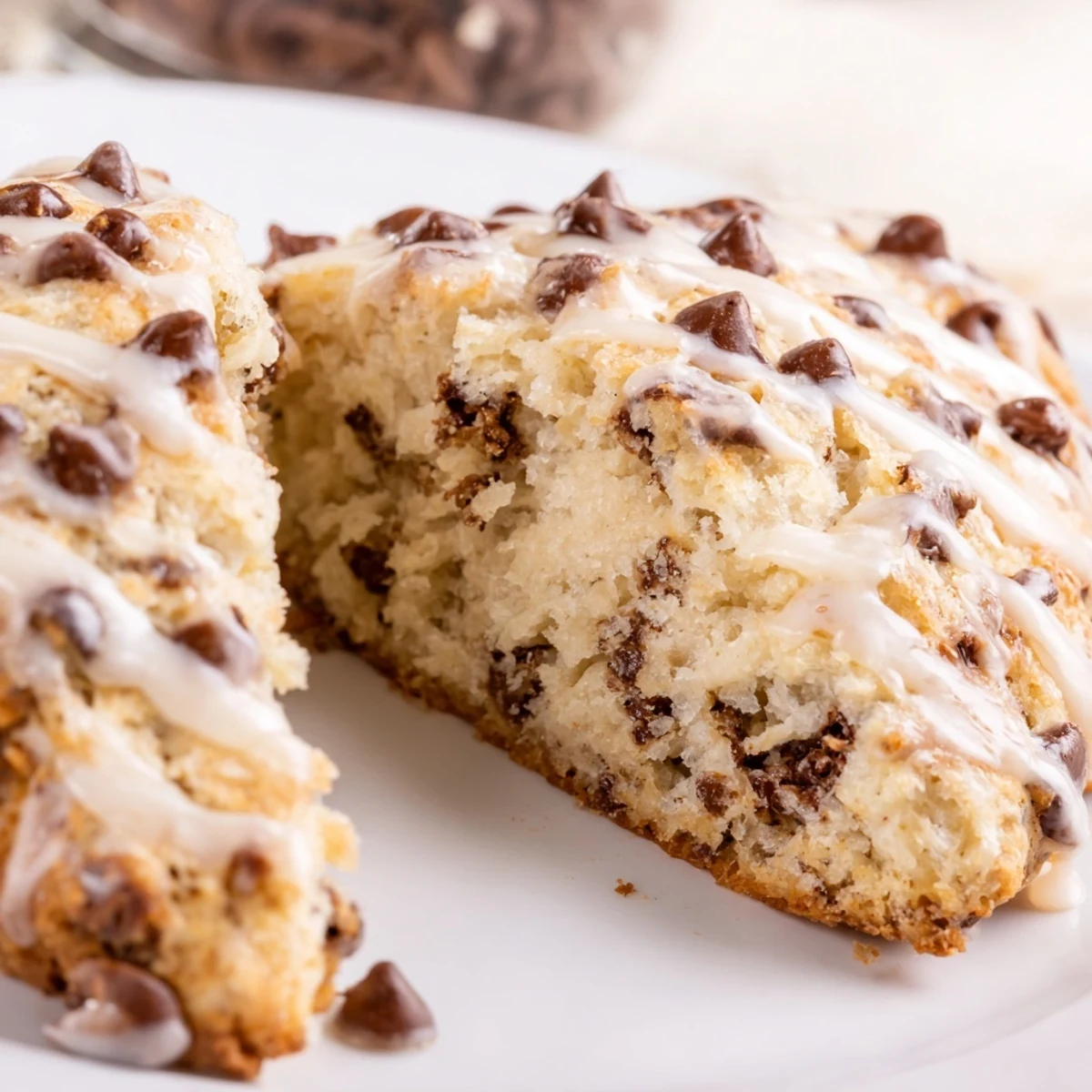 Homemade Chocolate Chip Scones with Vanilla Glaze served on a rustic plate with fresh coffee for an afternoon snack.