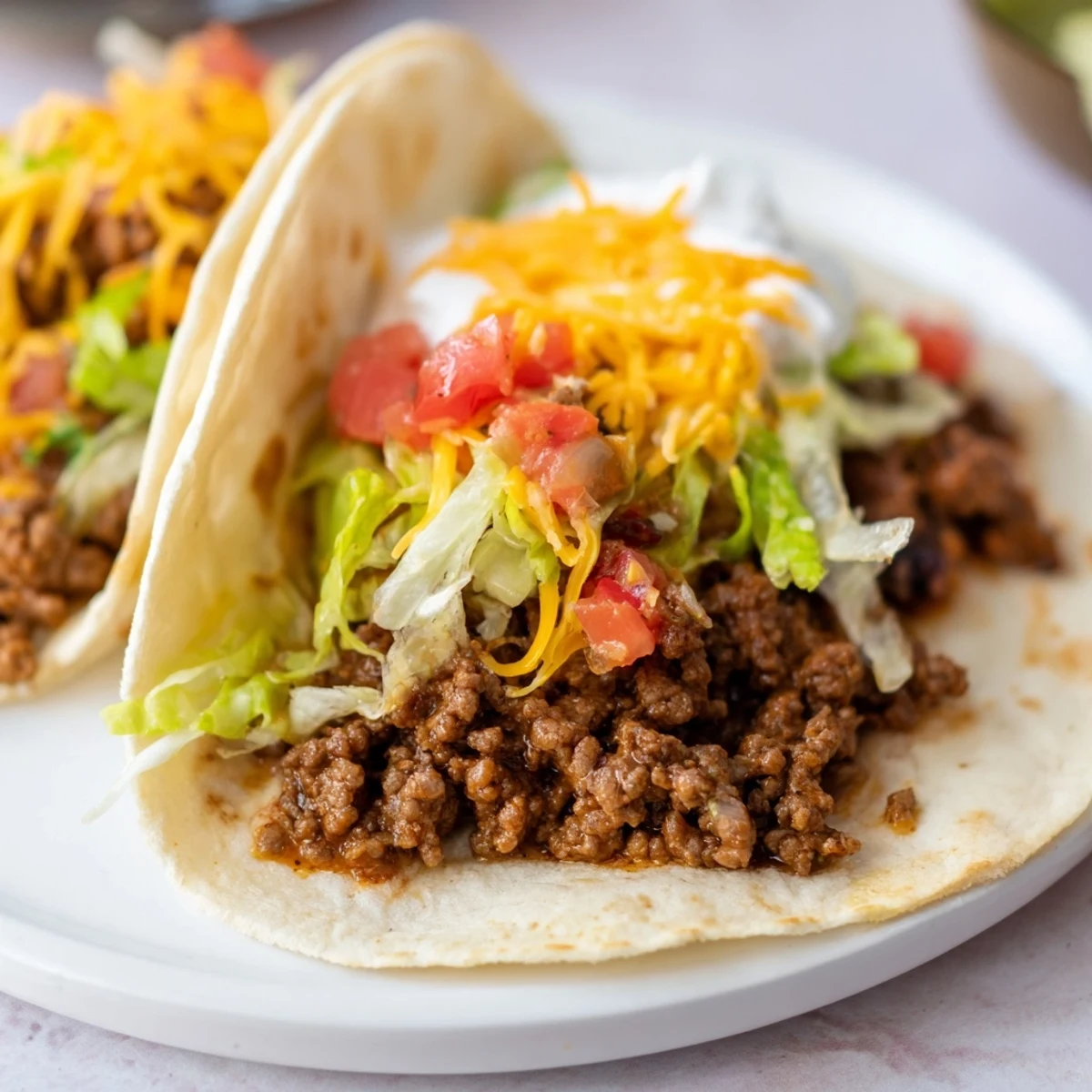 Colorful beef tacos with fresh salsa and shredded lettuce on soft tortillas, ready to serve.