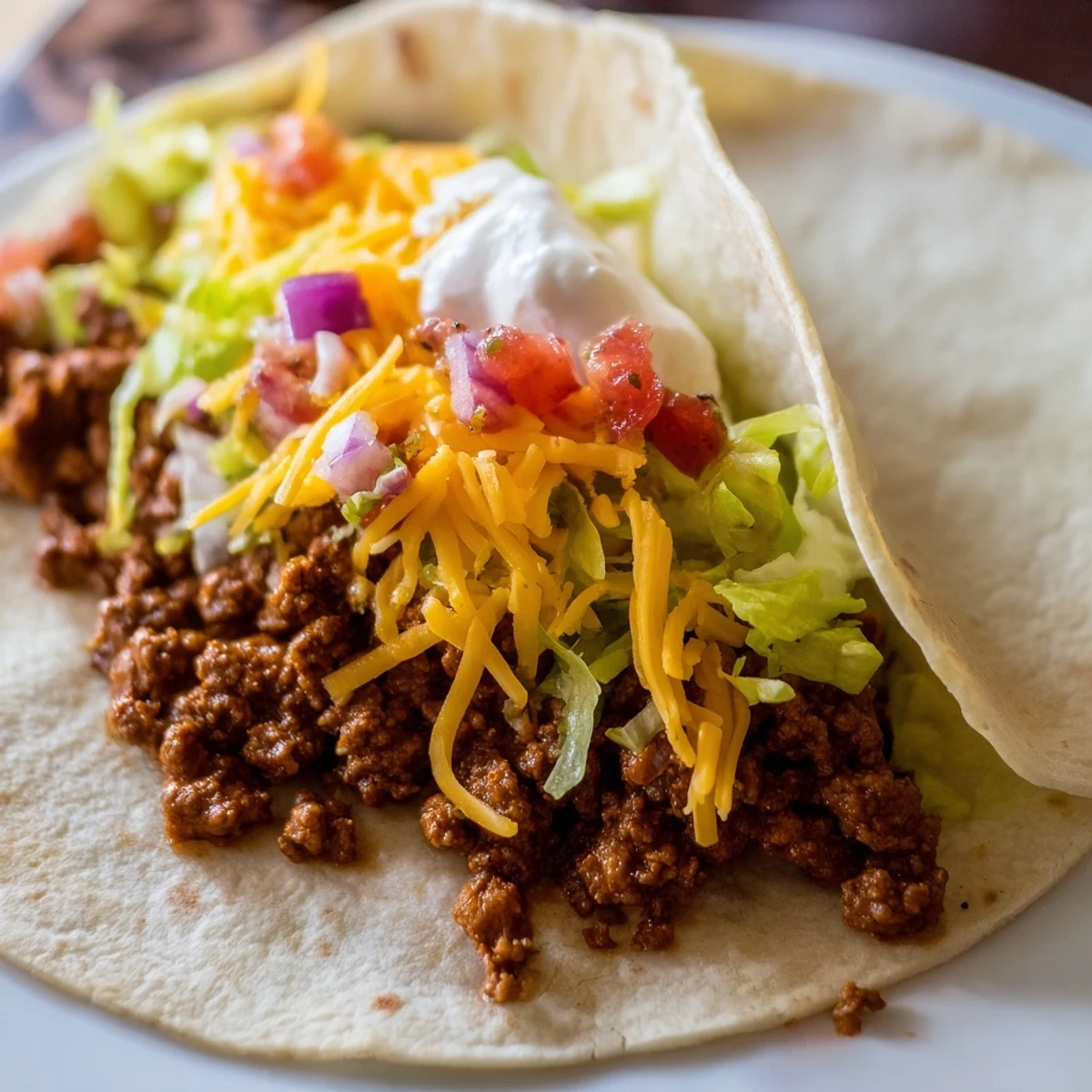 Steaming ground beef filling in soft flour tortillas topped with bright salsa and lime wedges.
