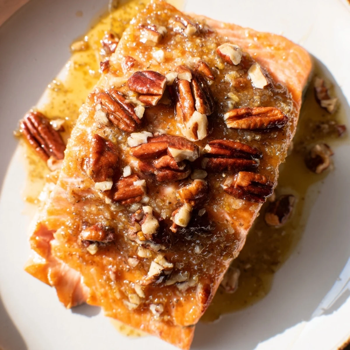 Golden-brown Baked Salmon with Maple Glaze and Pecans served on a white plate, garnished with fresh herbs.