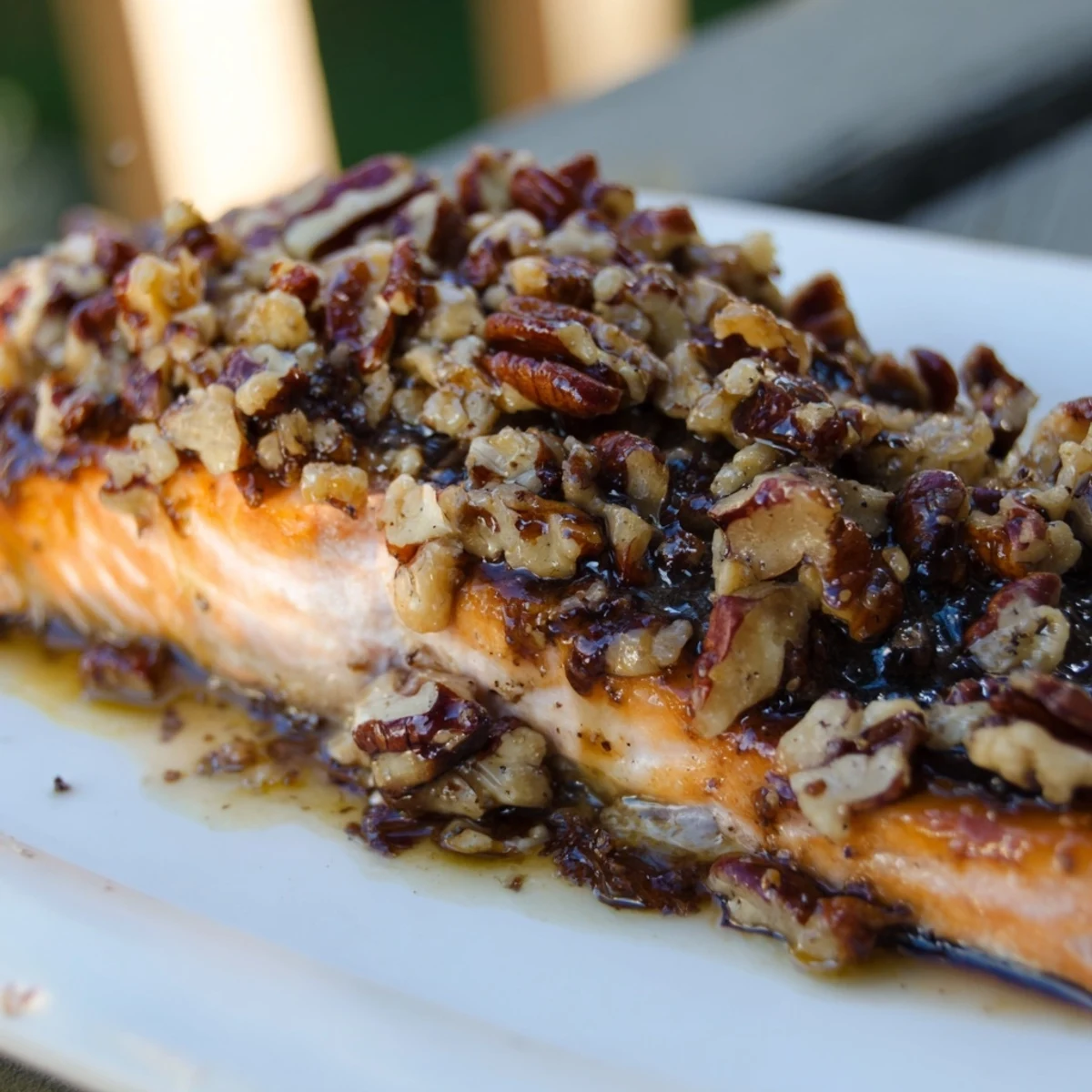 Freshly baked salmon with maple glaze and pecans, paired with roasted asparagus on a wooden table.