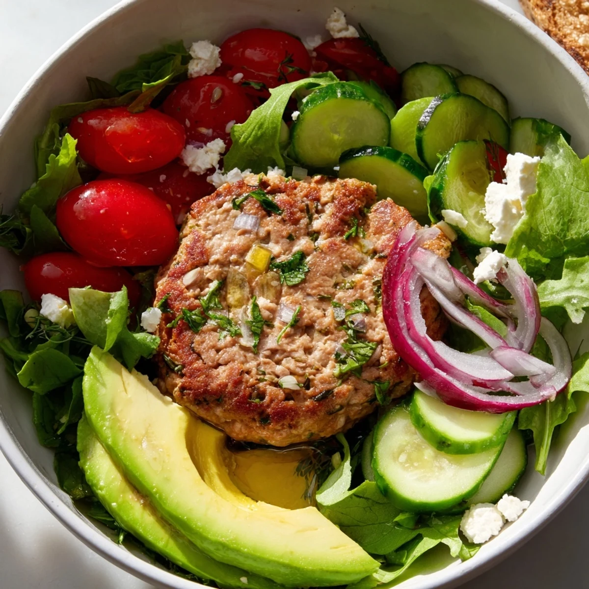A hearty Turkey Burger Salad Bowl with sliced turkey patty, mixed greens, and crumbled feta, served as a complete gluten-free meal.