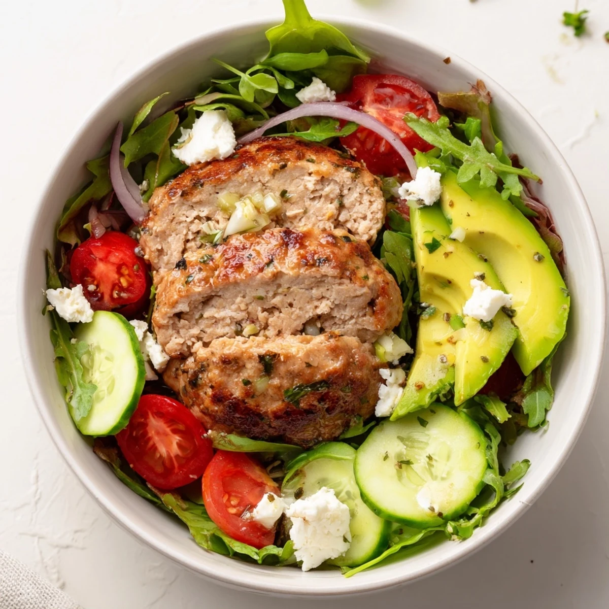Freshly cooked turkey burger slices rest atop a vibrant salad bowl with cherry tomatoes, cucumber, and avocado, drizzled with homemade vinaigrette.
