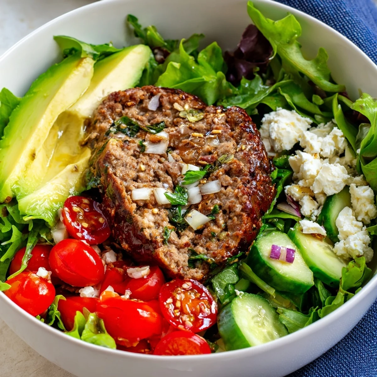Juicy ground turkey patty over a colorful salad of cucumber, bell pepper, and avocado, with vinaigrette dressing in a white bowl.