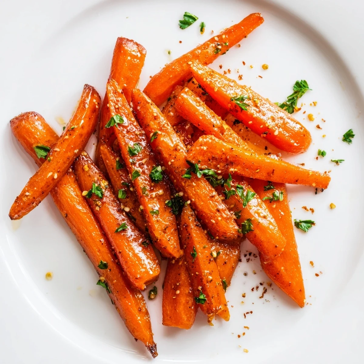 Golden-brown Roasted Carrots with Honey and Cumin garnished with fresh parsley on a white platter.