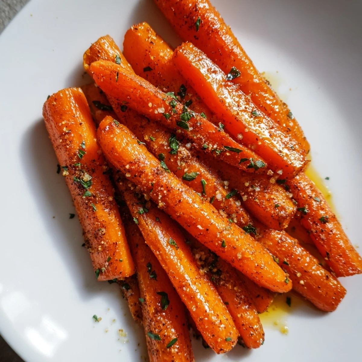 Close-up view of caramelized Roasted Carrots with Honey and Cumin glistening with olive oil and spices.