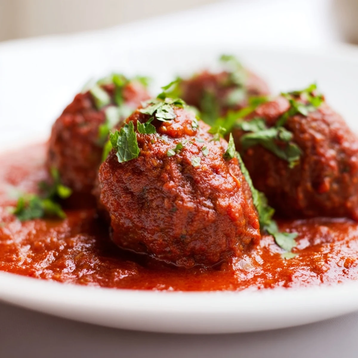 Spiced Lamb Meatballs in Tomato Sauce bubbling in a skillet, garnished with fresh parsley and mint.