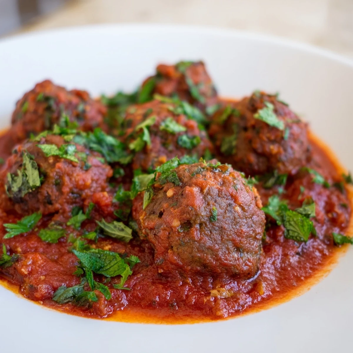Tender Spiced Lamb Meatballs in Tomato Sauce served over fluffy rice with warm flatbread on the side.