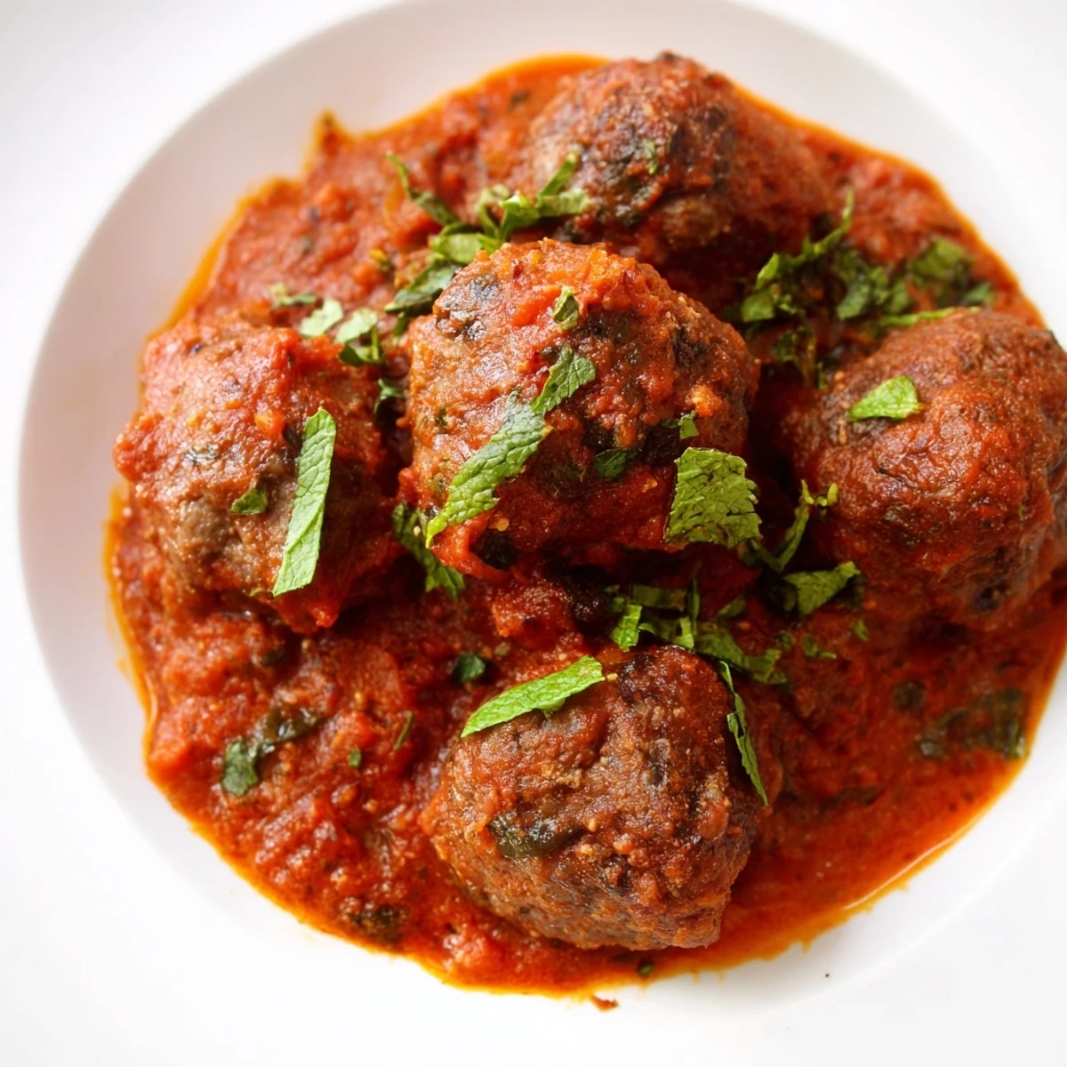 Golden-baked Spiced Lamb Meatballs in Tomato Sauce coated in a rich red sauce, perfect for a cozy dinner.