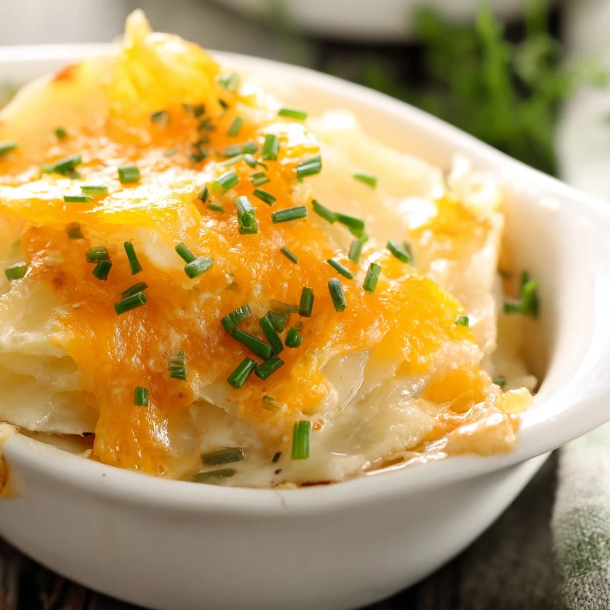 Golden-brown Cheesy Scalloped Potatoes with Cream fresh from the oven, bubbling and served as a rich side dish.