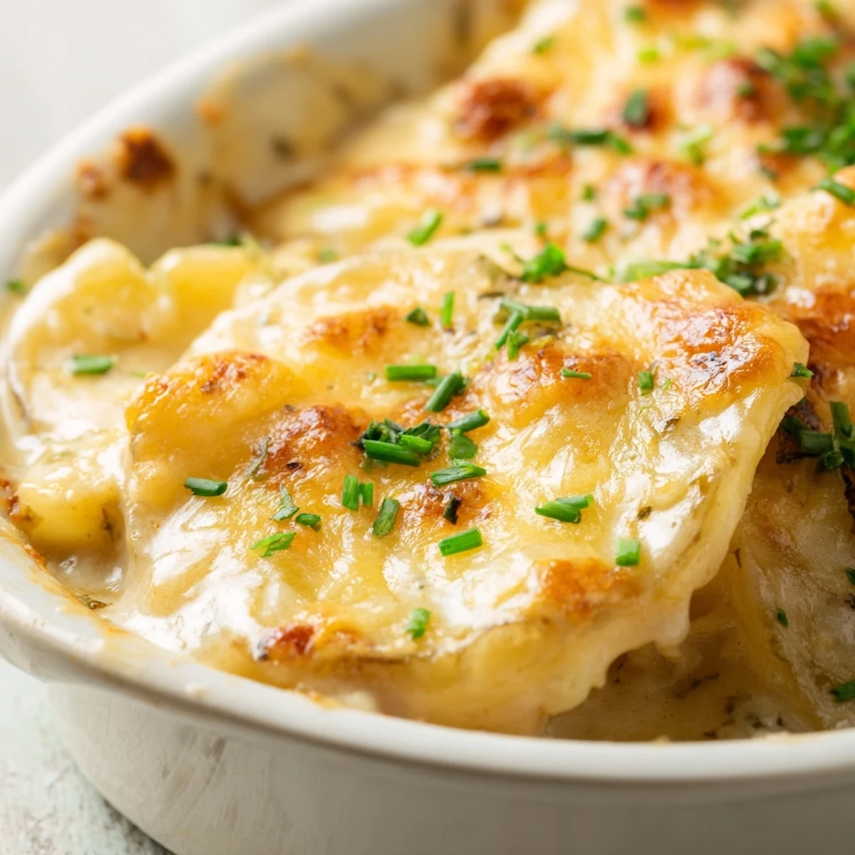A close-up of creamy Cheesy Scalloped Potatoes with Cream, featuring tender potato slices and melted cheddar and Gruyère.
