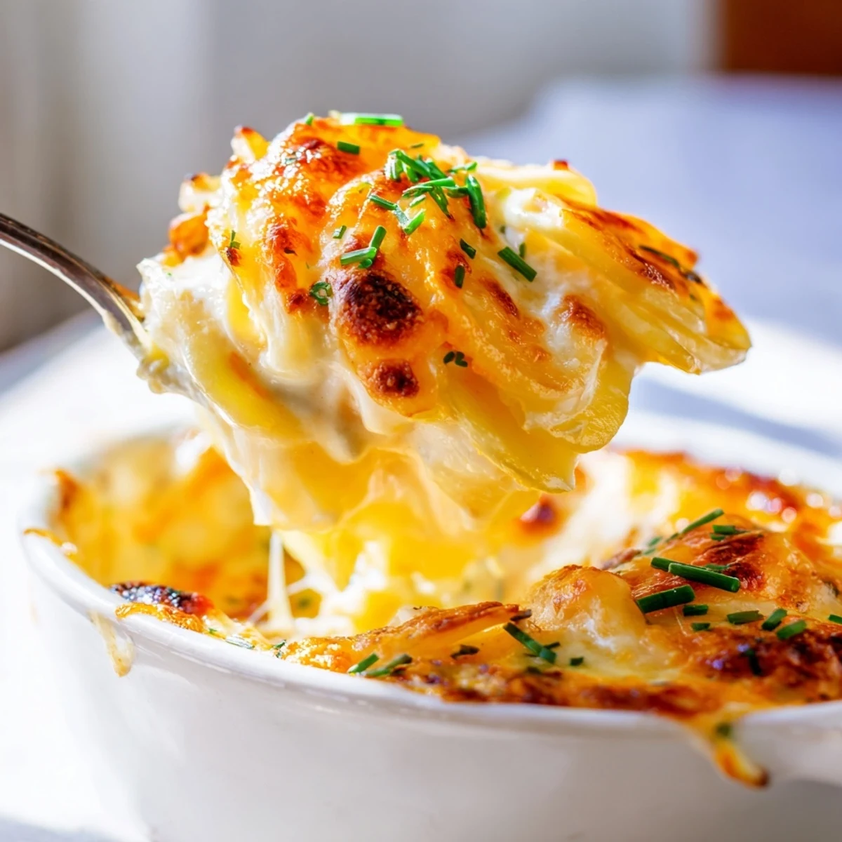 A baking dish of golden Cheesy Scalloped Potatoes with Cream garnished with fresh chives, ready to serve with dinner.
