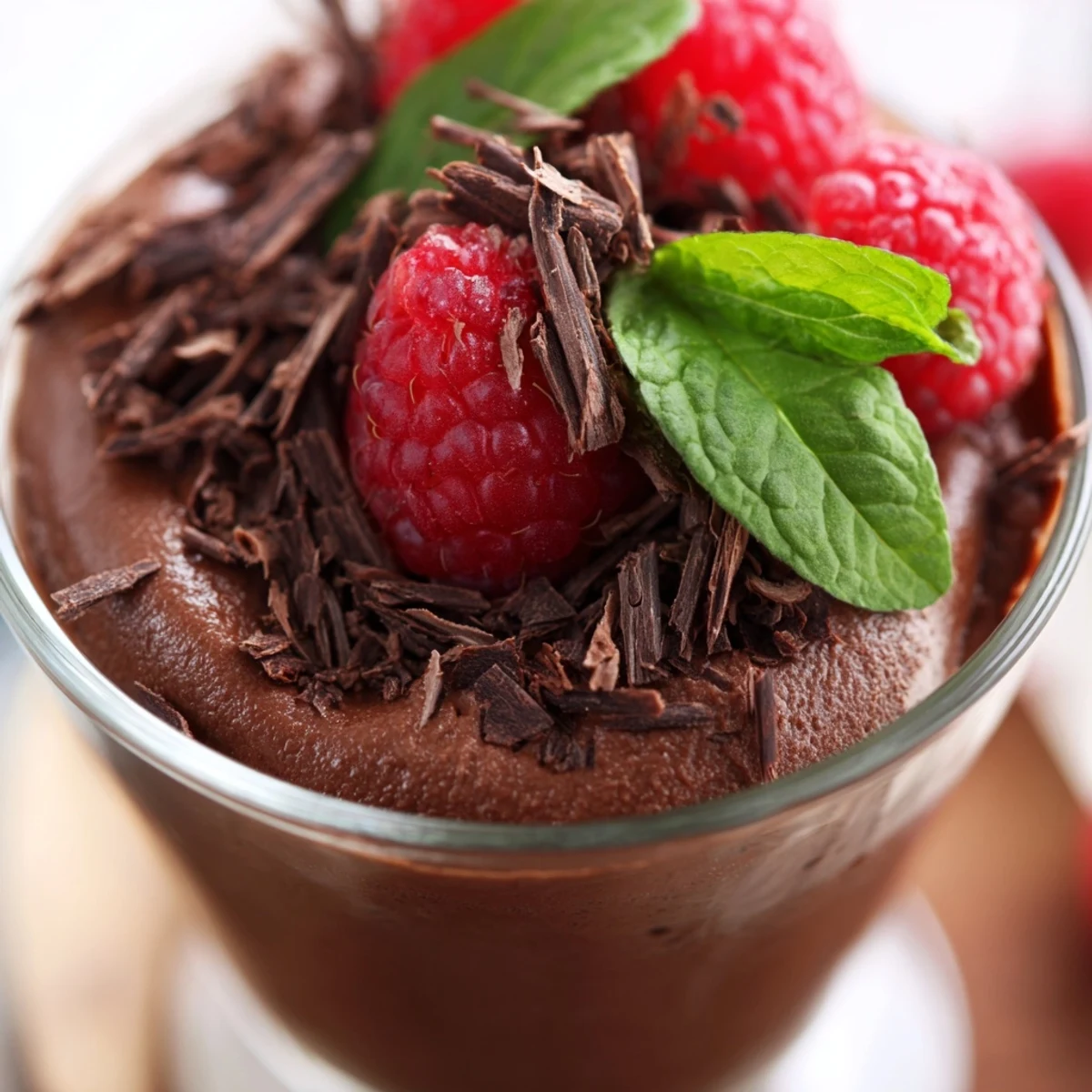 Six elegant Chocolate Mousse Cups with Raspberries garnished with fresh mint, perfect for a dinner party dessert.