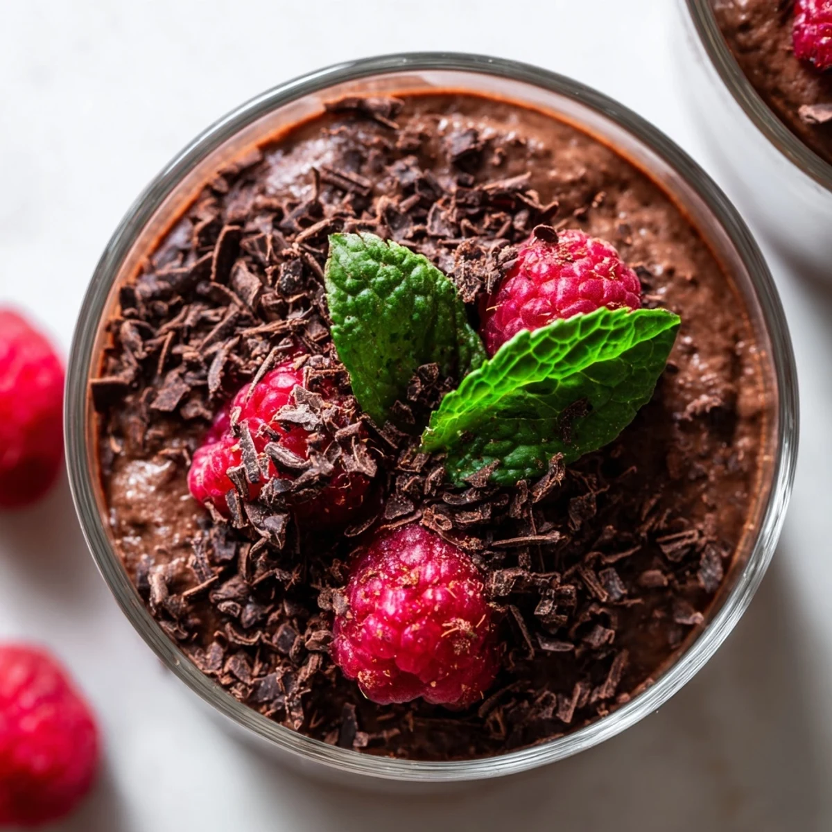 Indulgent Chocolate Mousse Cups with Raspberries, featuring a velvety texture and fresh berry contrast in each bite.