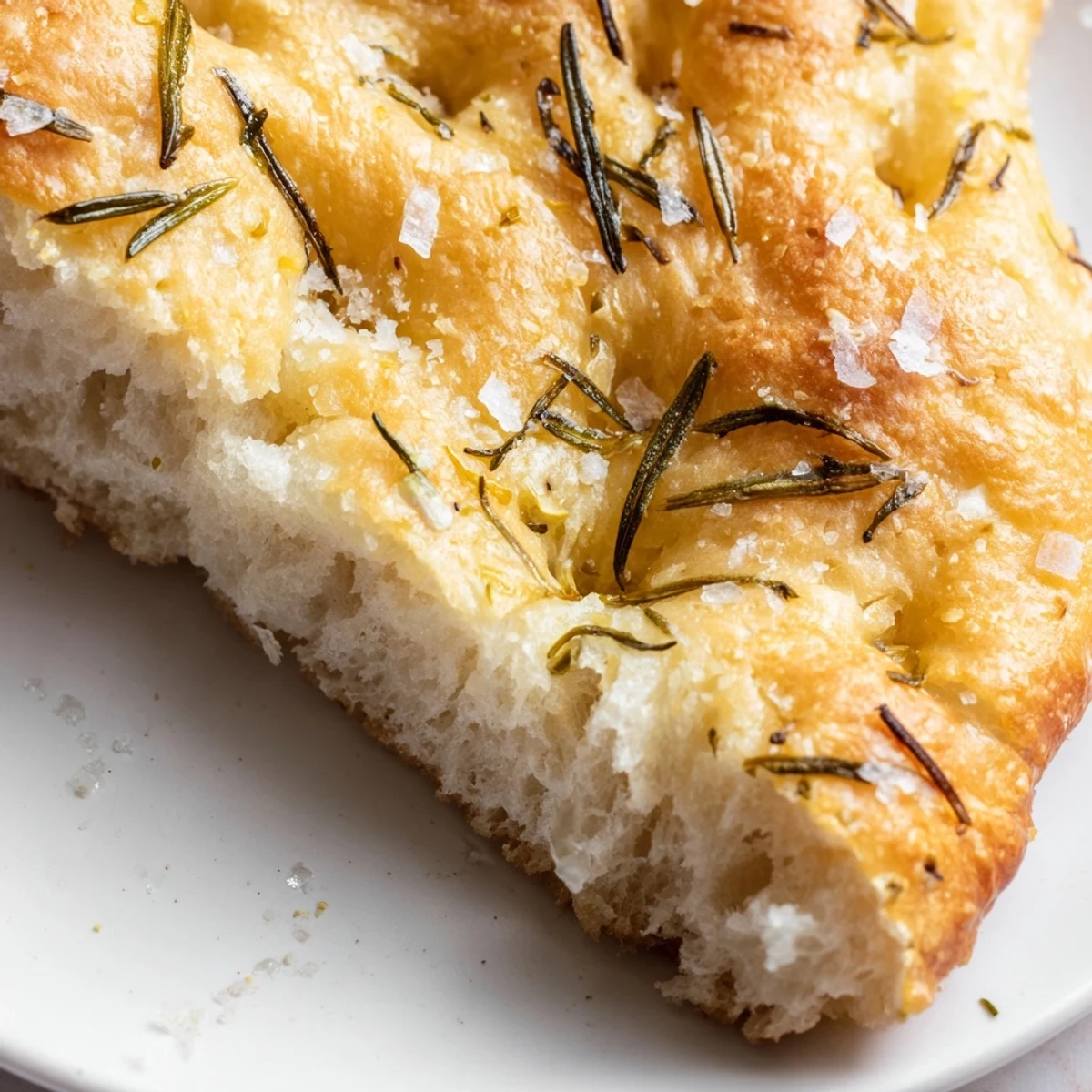 Close-up on dimpled Garlic Herb Focaccia Bread with Rosemary showing minced garlic and flaky sea salt toppings.