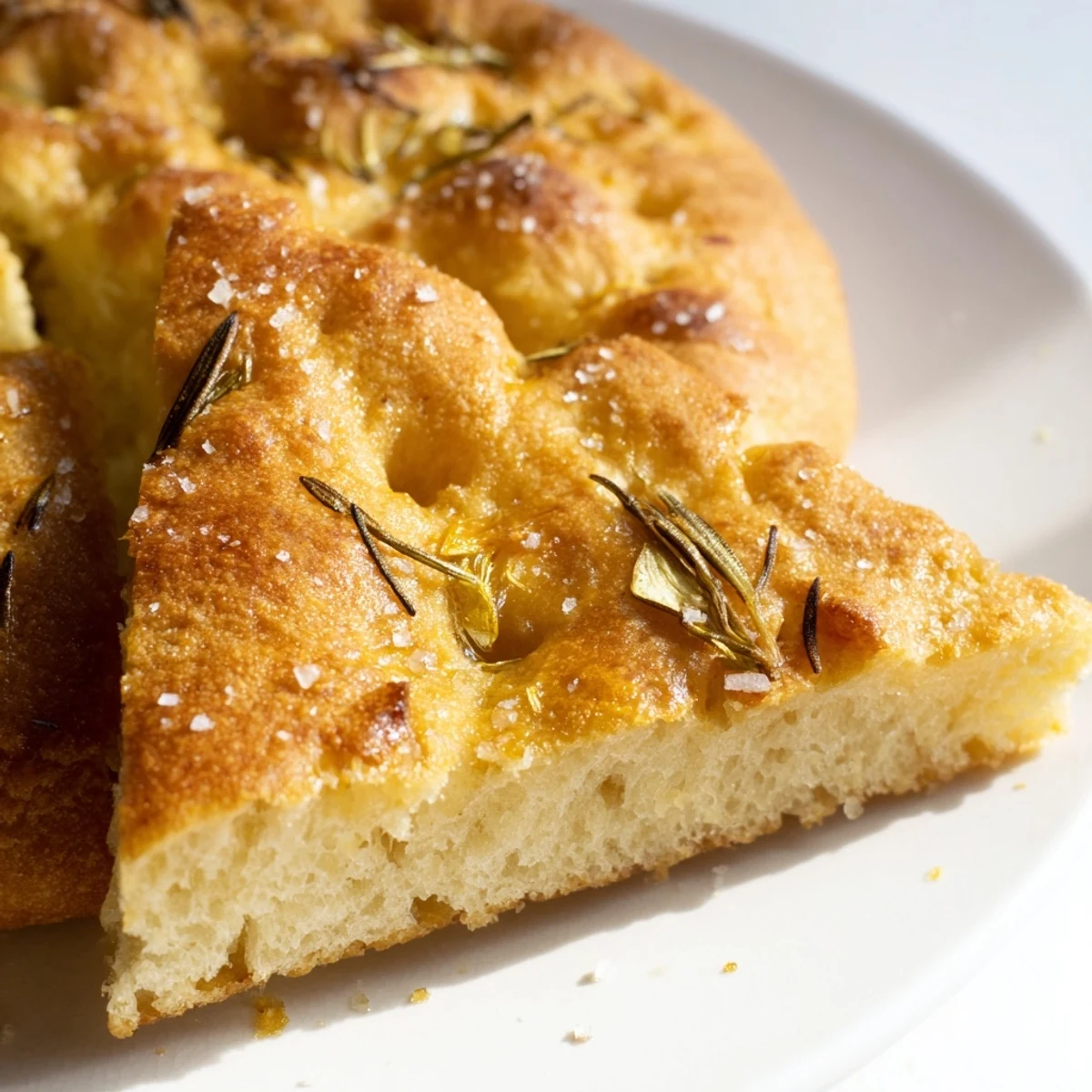 Sliced pieces of warm Garlic Herb Focaccia Bread with Rosemary reveal an airy, pillowy interior next to whole sprigs.