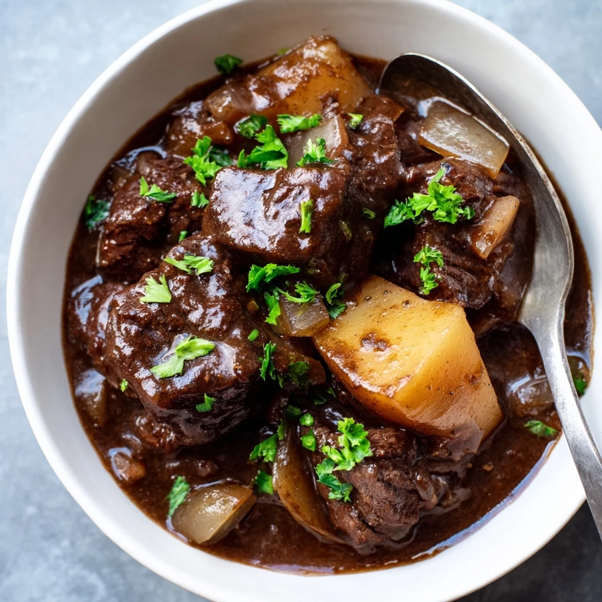 Perfectly simmered for a chilly evening, this Beef and Guinness-Style Alcohol-Free Stew is garnished with fresh green parsley.
