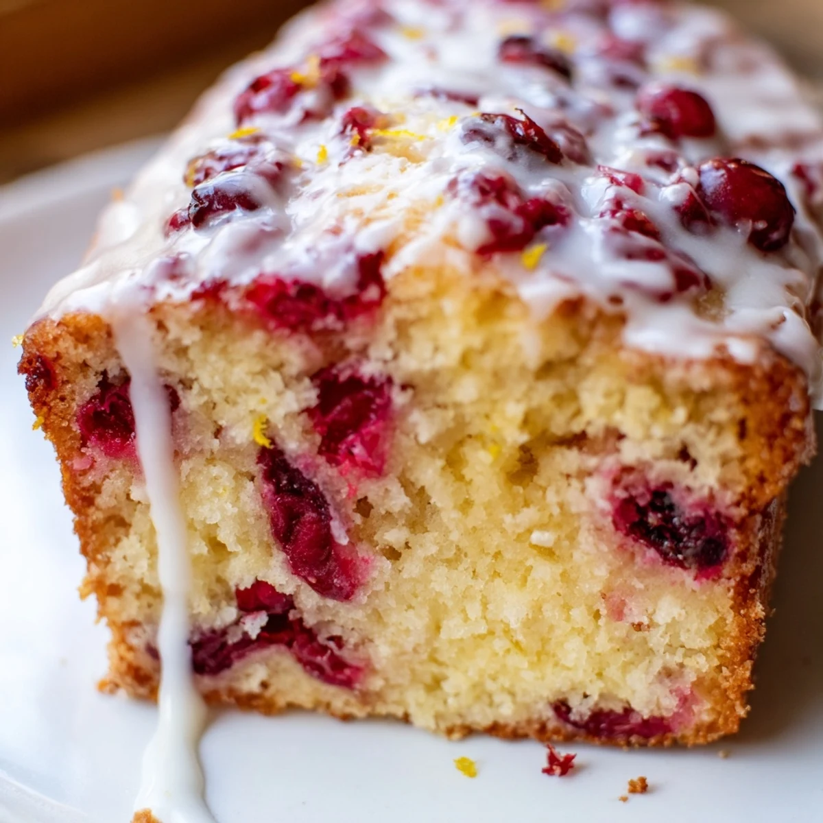 Moist slices of Cranberry Orange Loaf with Glaze are drizzled with sweet icing on a rustic wooden table. 