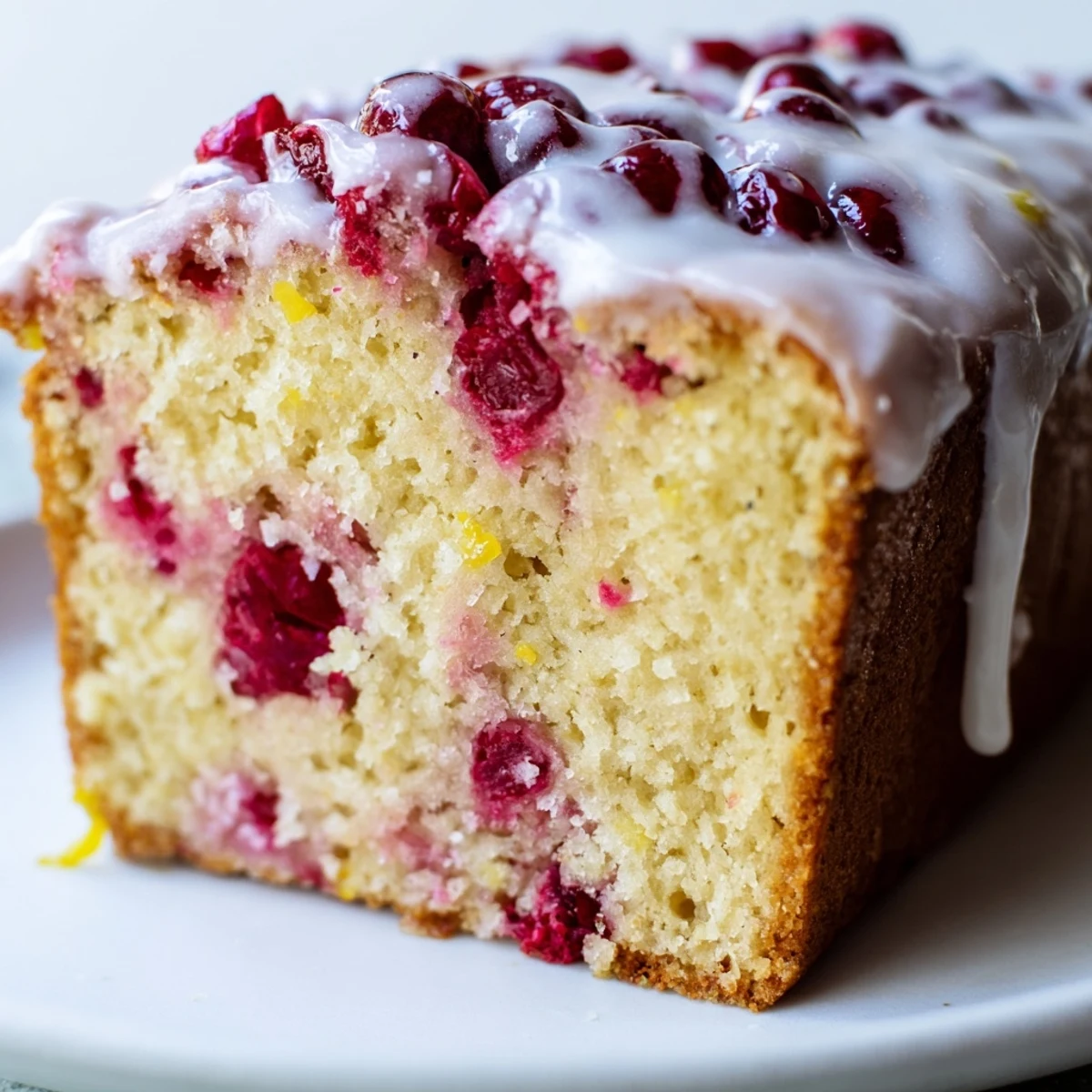 Homemade Cranberry Orange Loaf with Glaze sits beside a steaming mug for a cozy breakfast spread.