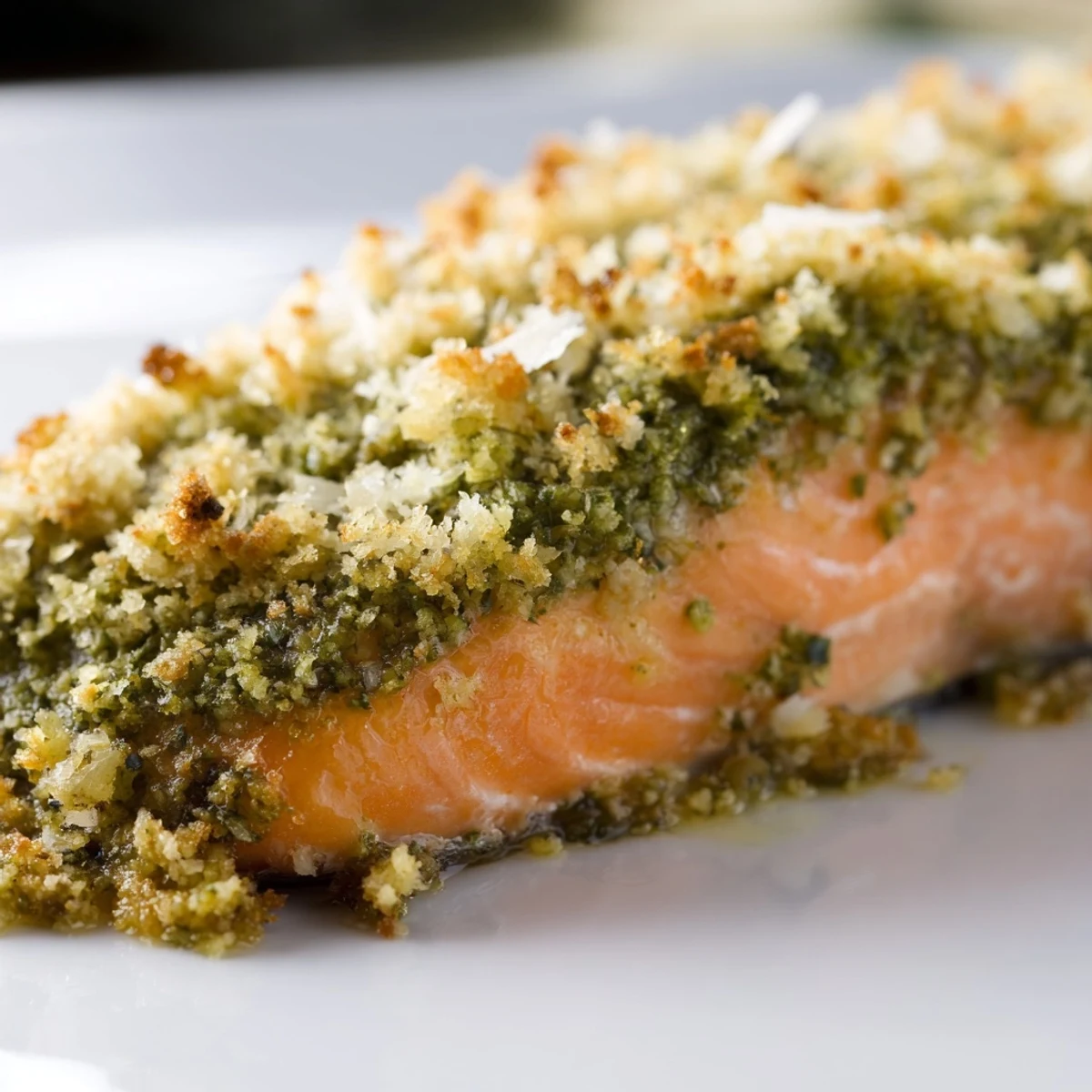 Freshly baked salmon fillets with a golden, herby pesto crust, served hot on a plate with lemon wedges.