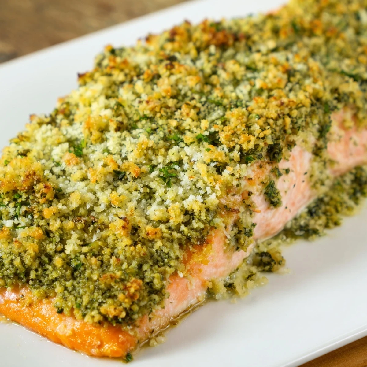 Close-up of baked salmon with a crunchy Parmesan pesto topping, garnished with fresh basil on a white plate.