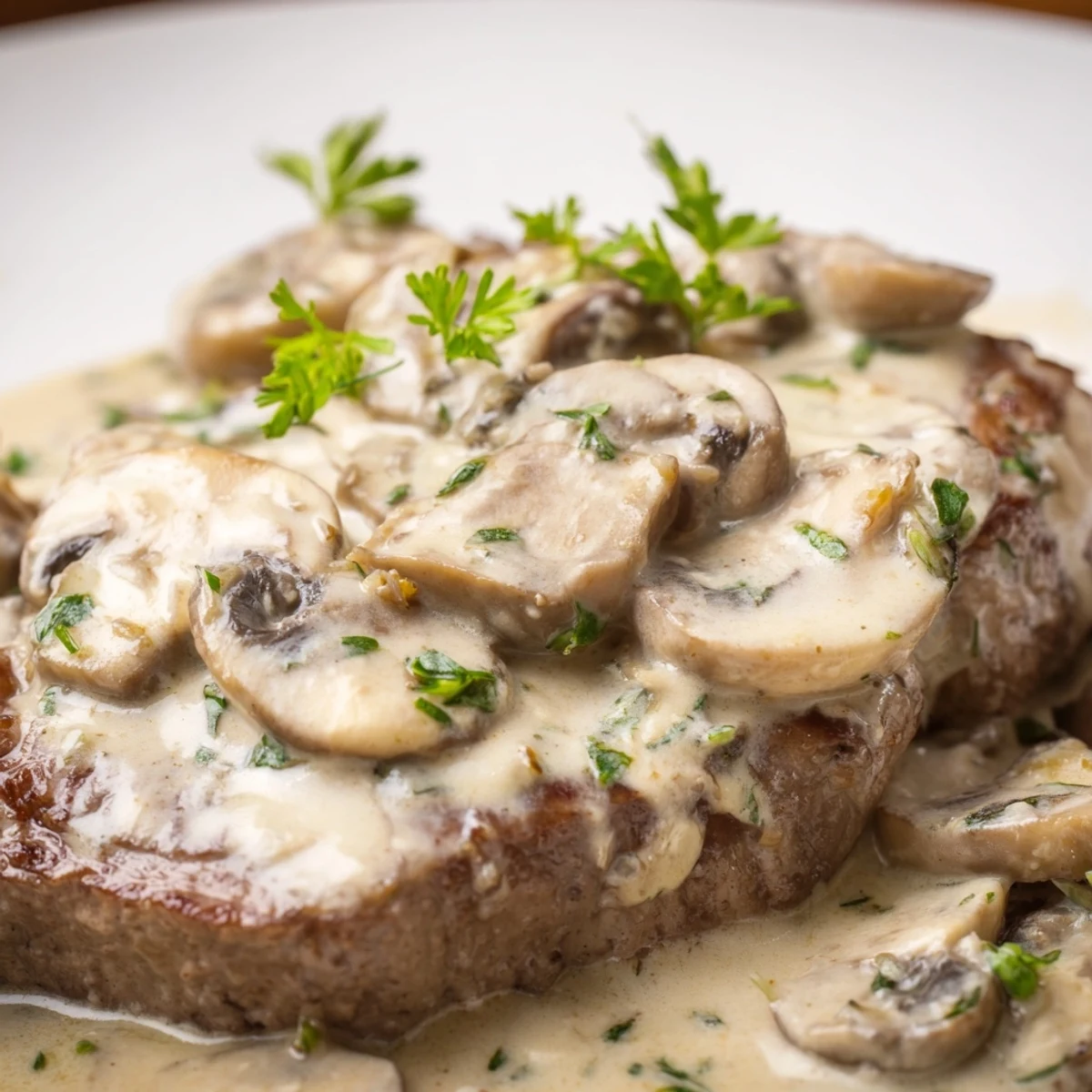 A spoon drizzles creamy mushroom sauce for steak over a seared cut of meat in a skillet.