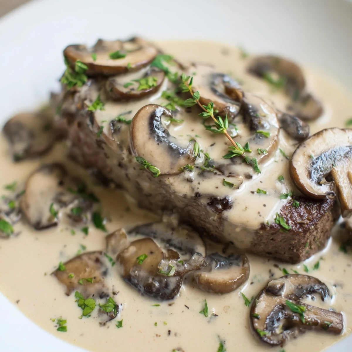 Steak topped with golden brown sautéed mushrooms and fresh thyme on a rustic plate.