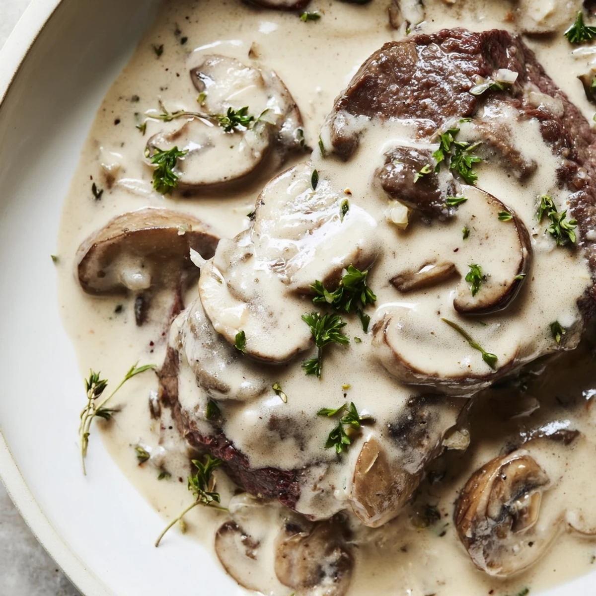 Close-up of rich and velvety creamy mushroom sauce for steak being poured from a pan.