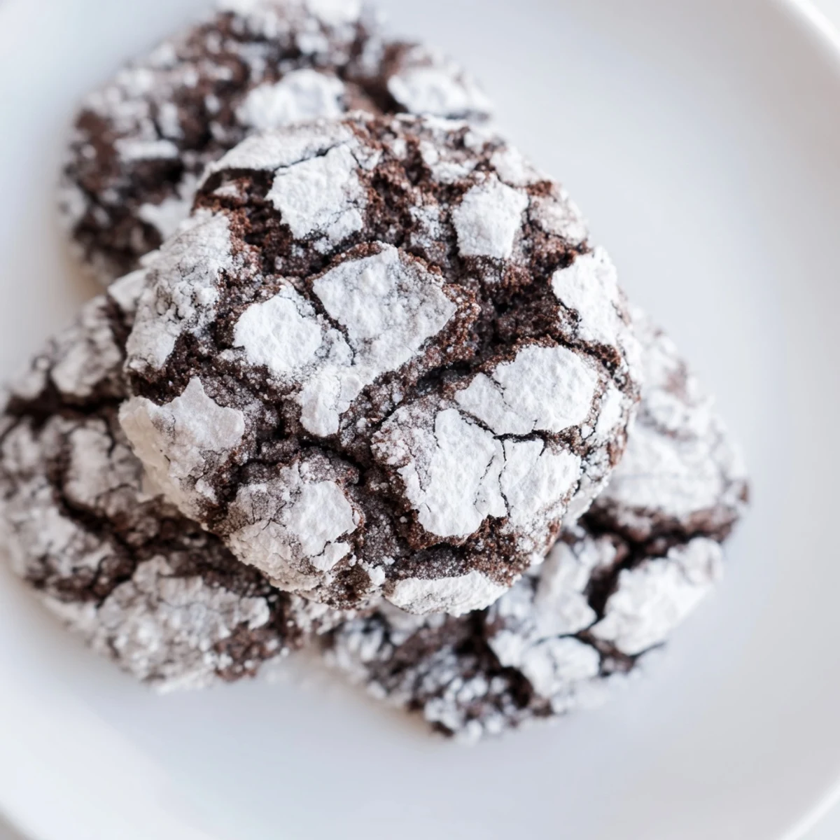 Freshly baked Chocolate Crinkle Cookies with a crackled powdered sugar coating sit on a wire rack, revealing their fudgy interior.