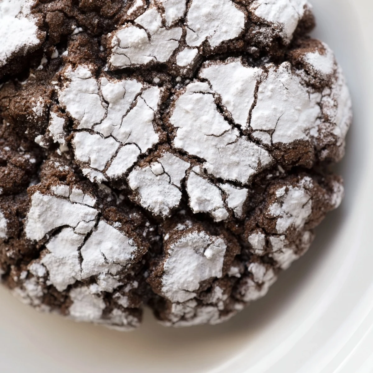 A close-up shows the rich, crinkled texture of Chocolate Crinkle Cookies, dusted with white powdered sugar on a marble countertop.