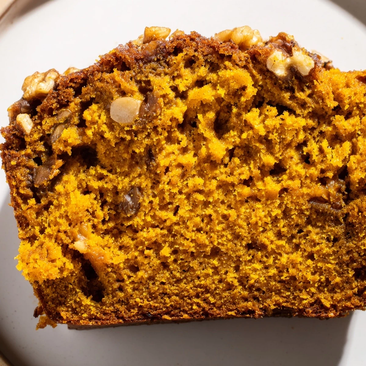 Golden Spiced Pumpkin Bread with Walnuts sliced on a rustic wooden cutting board, ready for breakfast.