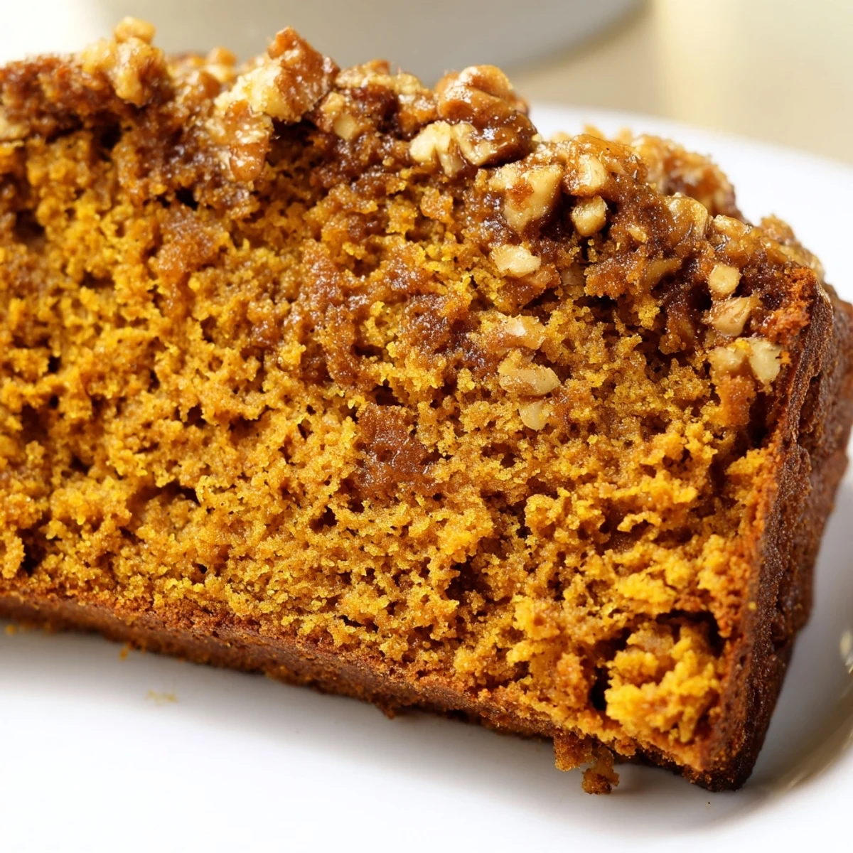 Thick slice of Spiced Pumpkin Bread with Walnuts showing moist crumb and crunchy nut pieces on a plate.