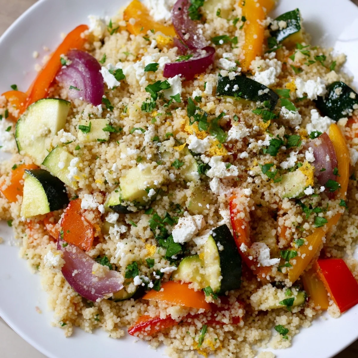 Hearty roasted vegetable couscous with feta is served warm from the bowl, garnished with lemon zest for a bright Mediterranean flavor.