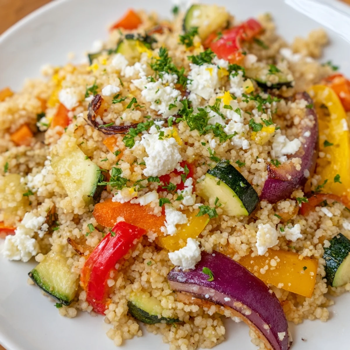 Colorful caramelized vegetables and golden couscous are finished with crumbled feta and a lemon wedge, ready to serve as a vegetarian main or side.