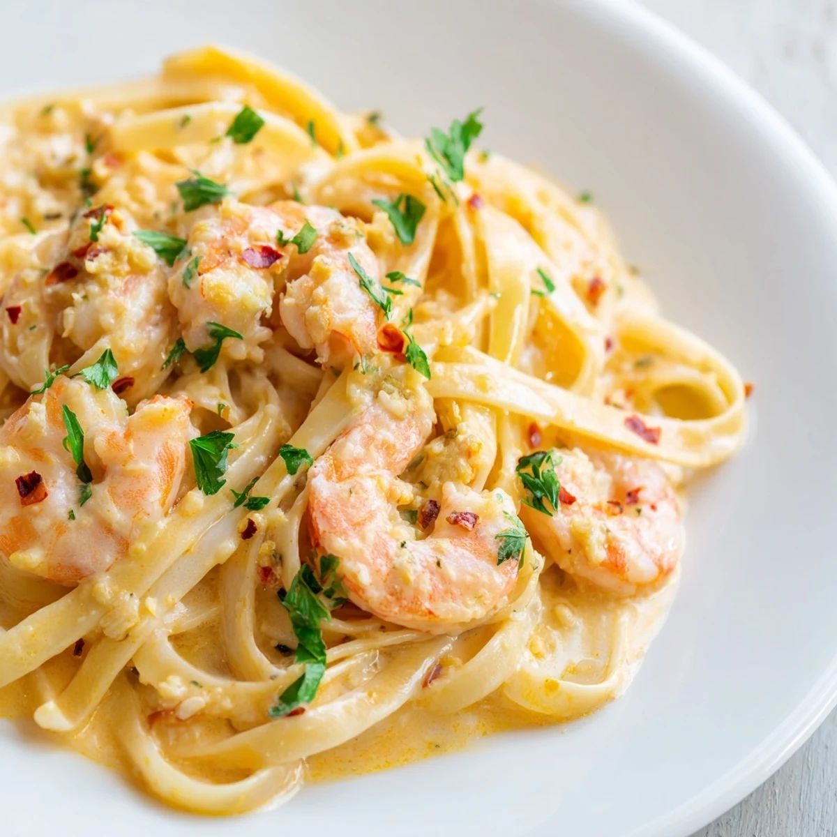 A close-up of Creamy Garlic Shrimp with Pasta served in a shallow bowl, garnished with fresh parsley and lemon.