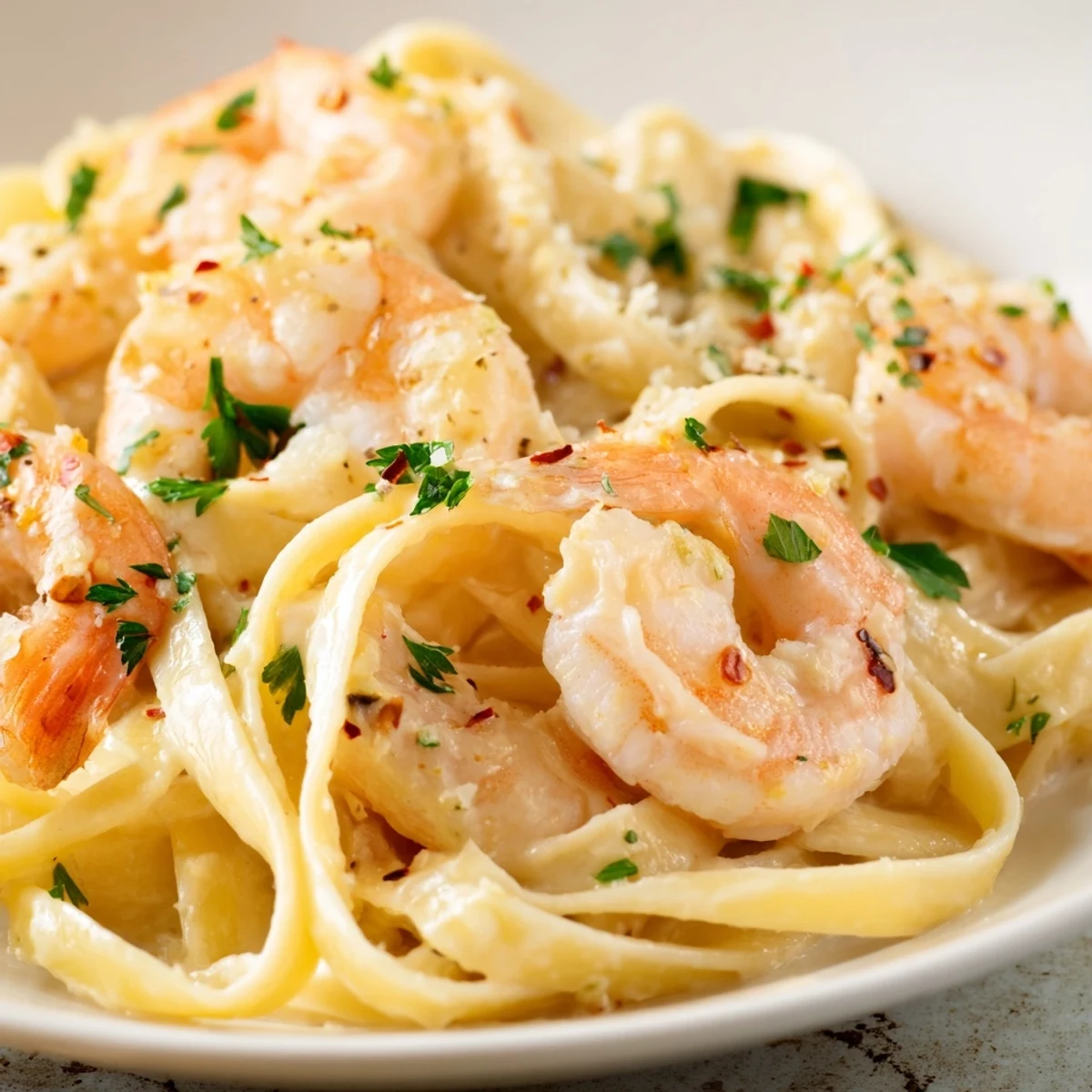 Creamy Garlic Shrimp with Pasta is twirled on a fork with a rich, garlicky cream sauce clinging to the noodles.