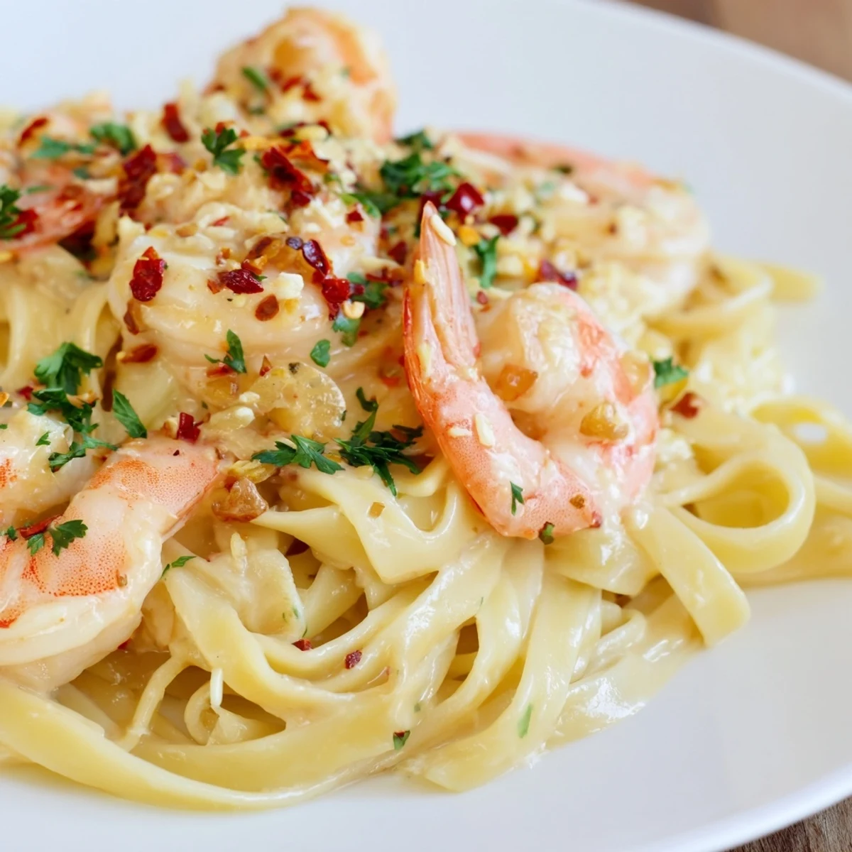 Shrimp and pasta coated in a luscious, creamy garlic sauce, steam rising from the plate in a cozy dinner setting.