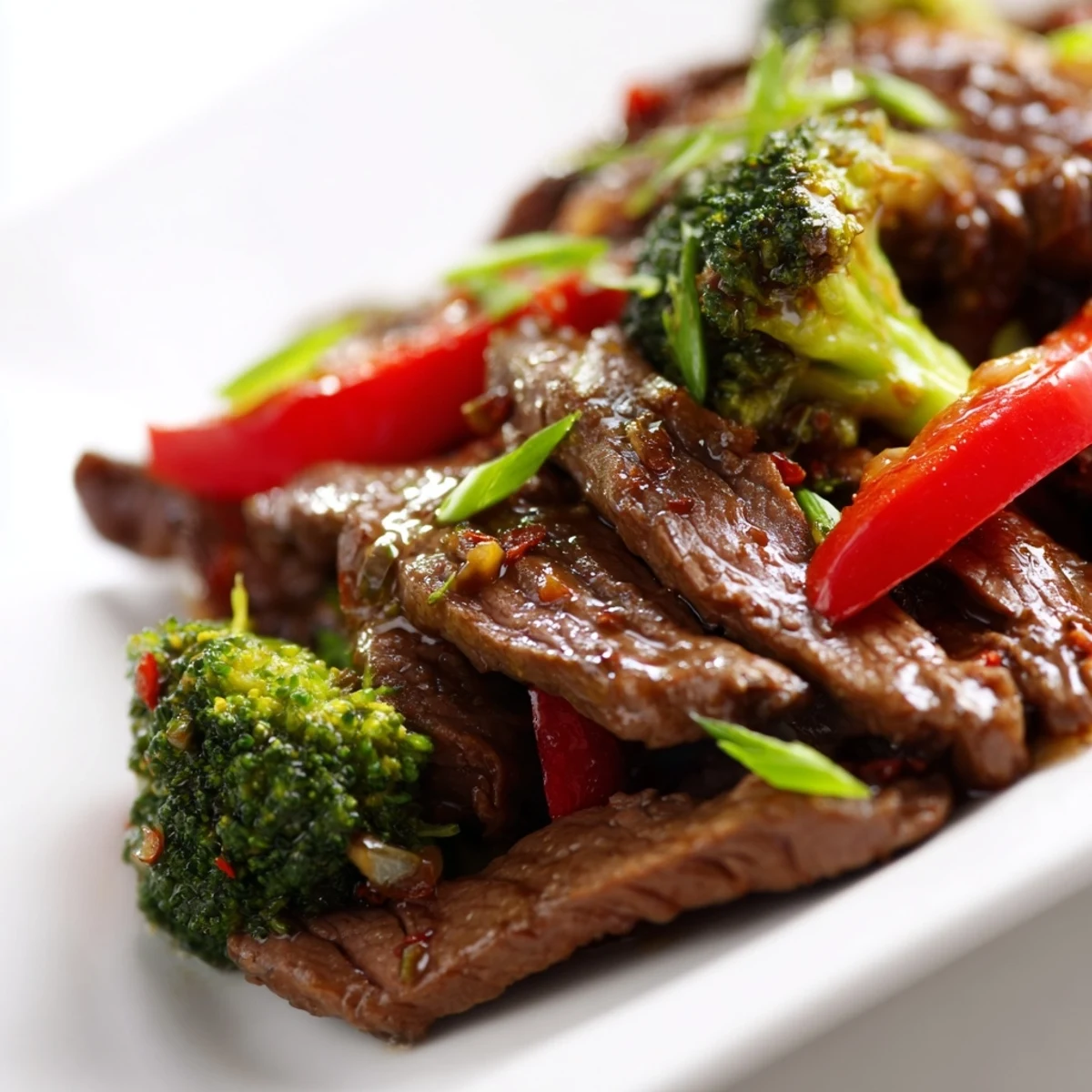 Tender beef strips and crisp broccoli florets tossed in a spicy, glossy sauce in a hot wok.