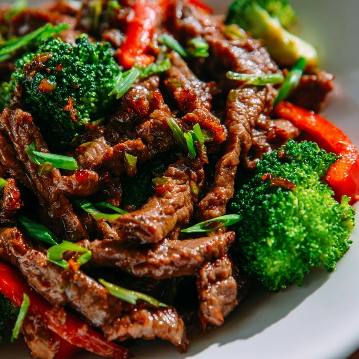 Close-up of Spicy Beef Stir Fry with Broccoli showing saucy vegetables and juicy beef for a quick dinner.