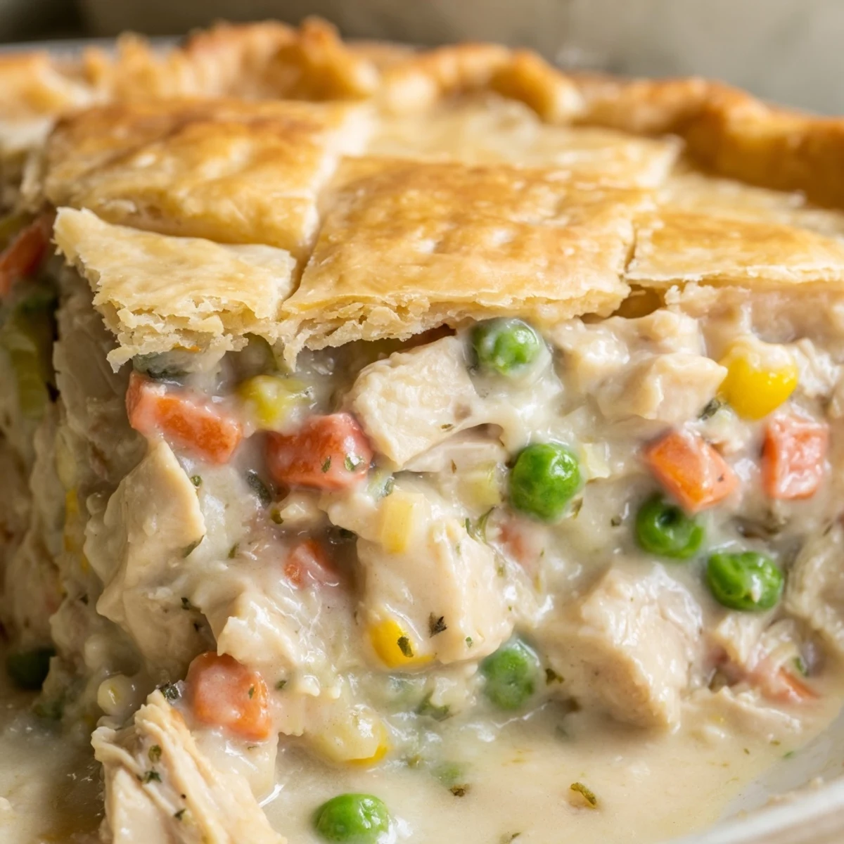 A slice of Chicken Pot Pie with Crust reveals creamy chicken and vegetable filling inside flaky pastry layers.