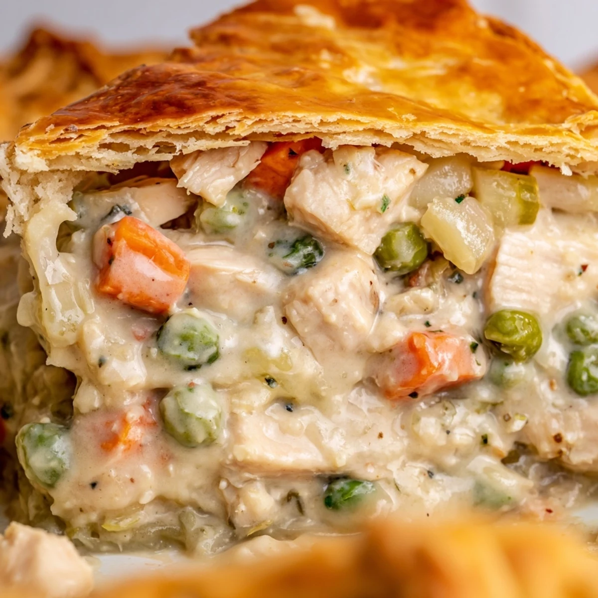 Freshly baked Chicken Pot Pie with Crust emerges from the oven with bubbling filling and a golden brown top.