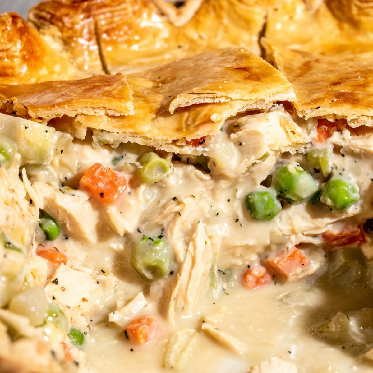 Close-up of Chicken Pot Pie with Crust on a dinner plate, served beside a fresh green side salad.