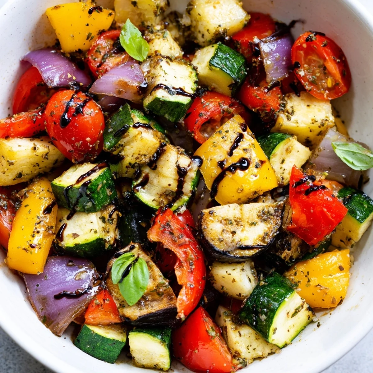 Freshly roasted veggies with Italian herbs on a baking sheet, showing golden bell peppers, zucchini, and cherry tomatoes.