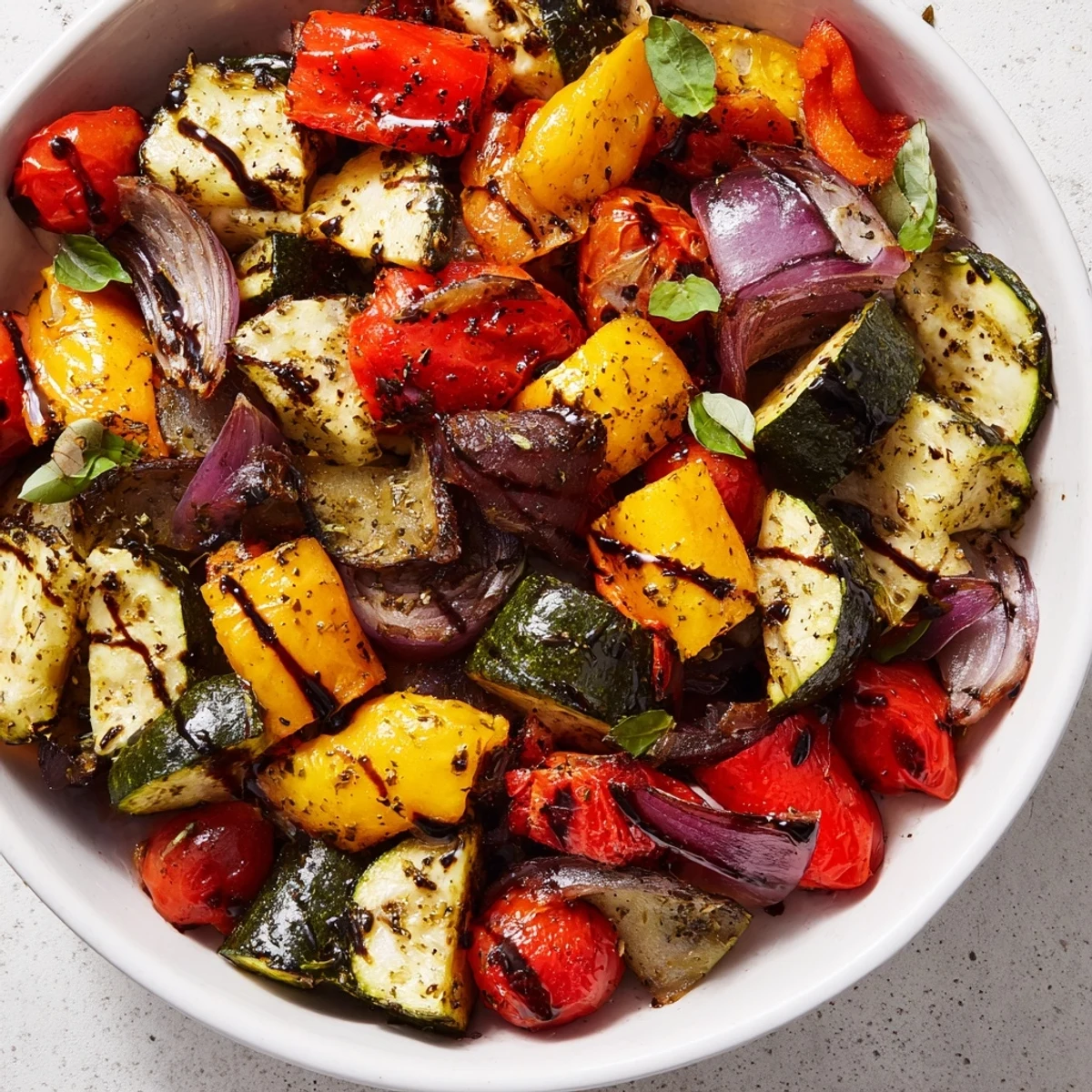 Colorful roasted veggies with Italian herbs served warm on a platter, garnished with fresh basil and balsamic glaze.