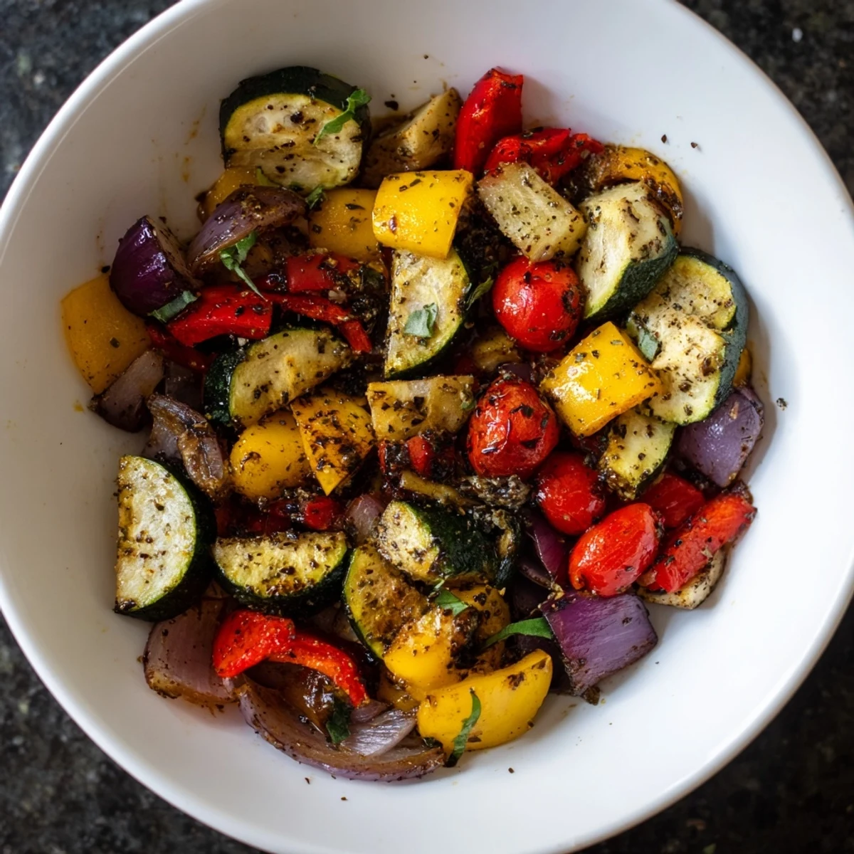 Vibrant roasted veggies with Italian herbs tossed with pasta, a delicious vegan side or main dish for dinner.